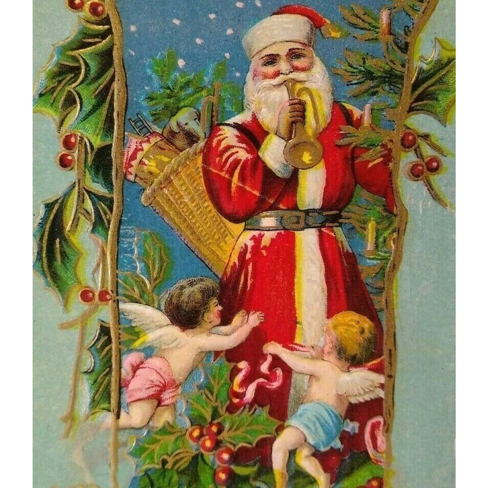 Santa Claus Father Christmas Postcard Cherub Angels Trumpet Gold Basket Gel 504